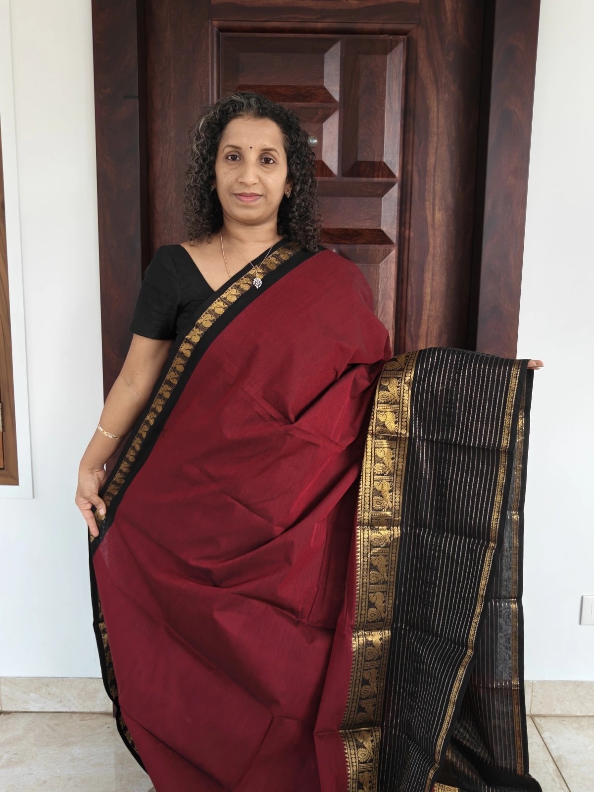 Maroon and Black Border Gold Lines Kanchi Cotton Saree